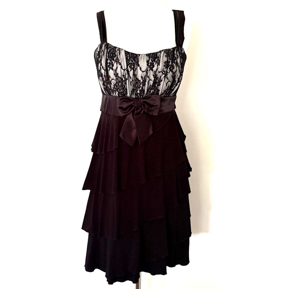 Taboo VTG Y2K Black Satin Tiered Lace Bow Accent Milkmaid Plus Sz Party Dress 2X